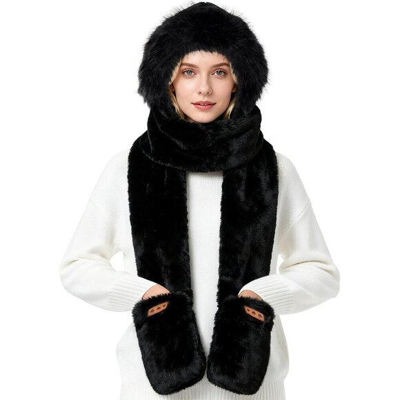 Women Hooded Scarf Gloves Set Faux Fur Warm Winter Accessory